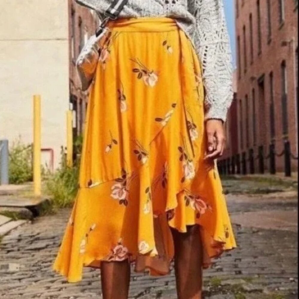 Free People Heart of the City Floral Wrap Midi Skirt Yellow Boho Flowy 6 - Picture 2 of 13